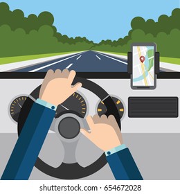 Flat Modern Vector Illustration Mobile Gps App On The Mobile Phone With Map, Pointer And Driver Hands On The Steering Wheel Of The Car.