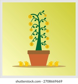 Ilustración vectorial moderna plana de un árbol de dinero que crece en una olla con monedas de oro como hojas. Una fuerte metáfora visual del crecimiento financiero, la inversión a largo plazo