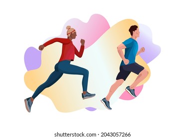 Flache moderne Vektorgrafik von Laufenden Männern und Frauen im Sport. Marathonlauf, Sprint auf buntem Hintergrund. Designvorlage für kreative Landing-Page, Webbanner