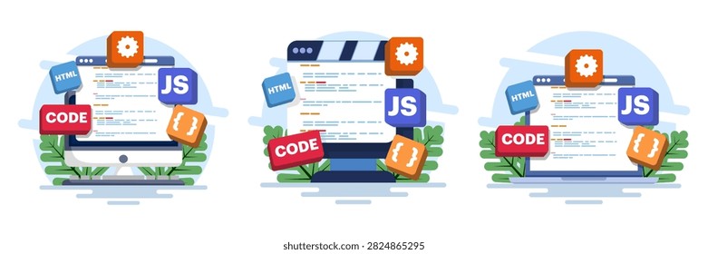 Flat modern vector illustration set of computer programming, Java and HTML coding, web design, software development, application design, programming languages, website building and technology concepts