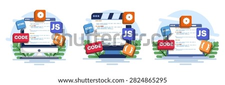 Flat modern vector illustration set of computer programming, Java and HTML coding, web design, software development, application design, programming languages, website building and technology concepts