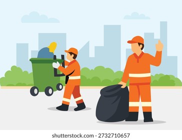 Ilustração vetorial moderna plana mostrando trabalhadores de saneamento que gerenciam resíduos urbanos em Jacarta, destacando a limpeza diária, o serviço público e a higiene sustentável da cidade.