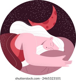 Flat modern vector illustration of sleeping girl with background of night sky with moon