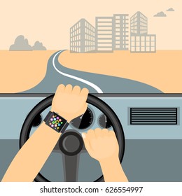 Flat modern vector illustration the smar twatch on the driver hands holding steering wheel  of the car and urban background. eps 10.