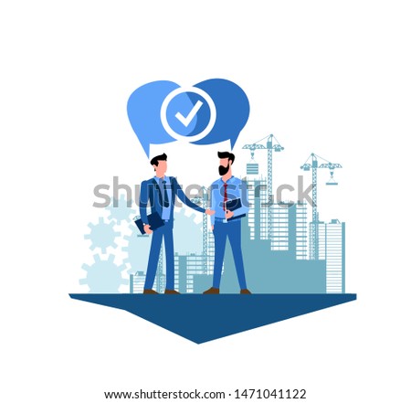 Flat modern vector illustration of a two businessmen contract design. Two businessmen have agreed on the construction and sale of housing. Two people reached an agreement the construction of buildings