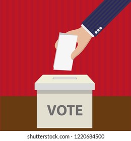 Flat modern vector illustration of voting.
Hand holding a ballot paper and a box labeled Vote. Background is red and brown.