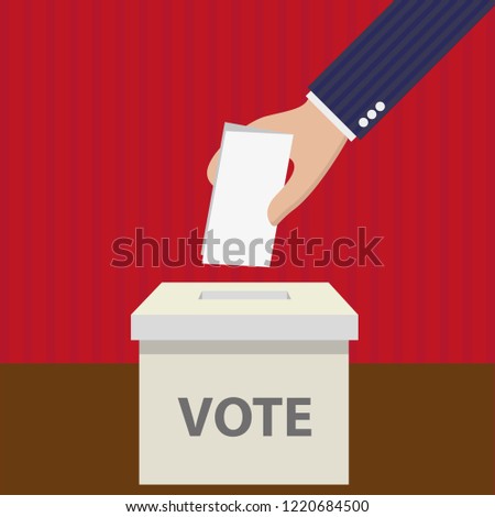 Flat modern vector illustration of voting.
Hand holding a ballot paper and a box labeled Vote. Background is red and brown.