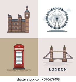 Flat modern vector London, the capital of Great Britain with Big Ben, bridge, telephone and London Eye. Line art vector background. London logo. London vector. London illustration. Big Ben. London