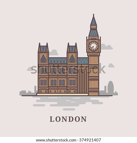 Flat modern vector London, the capital of Great Britain with Big Ben, bridge, telephone and London Eye. Line art vector background