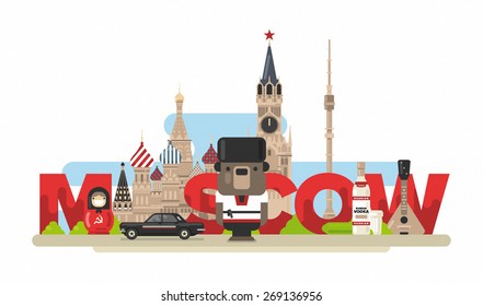 Flat modern vector Moscow, the capital of Russia with tv tower, Kremlin,  St. Basils cathedral and russian doll