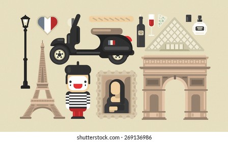 Flat modern vector Paris, the capital of France icons with eiffel tower, Triumphal arch and the museum