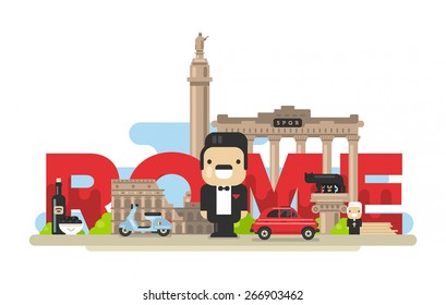 Flat modern vector Rome, the capital of Italy with Colosseum, Roman Forum and Capitoline Wolf