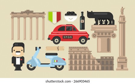 Flat modern vector Rome icons with Colosseum, Roman Forum and Capitoline Wolf