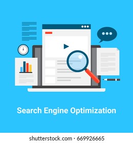 Flat modern vector of Search engine optimization, marketing, and internet promotion with icons