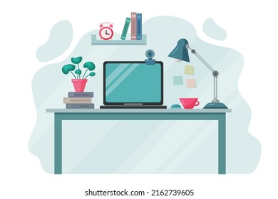 diseño de fondo de estilo vectorial plano del espacio de trabajo moderno. Laptop en la mesa, lámpara, café, libros. Escritorio de Office. Conferencia. Aprendizaje en línea. Lecciones en casa.