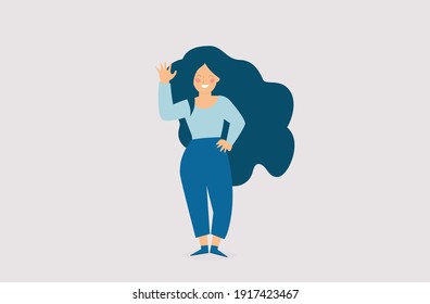 Flat modern young girl waving her hand and looks happy. Smiley female in casual clothes doing a greeting gesture. Woman saying hello or goodbye concept. Vector illustration