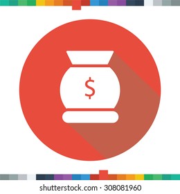 Flat money bag icon with a dollar sign in a red circle with a long shadow. 