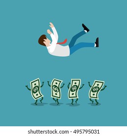 Flat Money banknotes tossing up winner businessman vector illustration. Successful business concept.