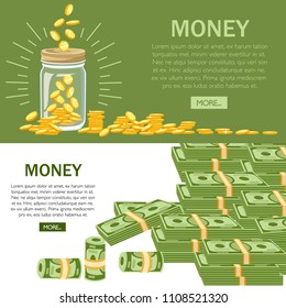 Flat money bills. Golden coins in jar. Green dollar banknotes. Vector illustration with green button. Accumulation of money concept. Web site page and mobile app design.