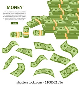 Flat money bills. Green dollar banknotes. Vector illustration with green button. Accumulation of money concept. Web site page and mobile app design.