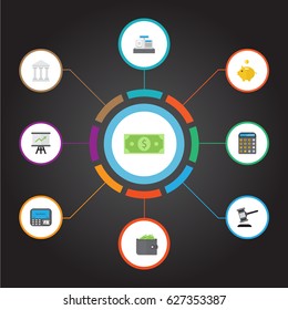 Flat Money Box, Bank, Accounting And Other Vector Elements. Set Of Business Flat Symbols Also Includes Atm, Auction, Machine Objects.