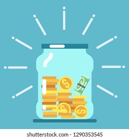 Flat money glass jar illustration. Saving money concept