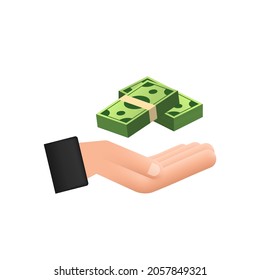Flat money hand for concept design. Hand holding green money banknotes. Flat design.