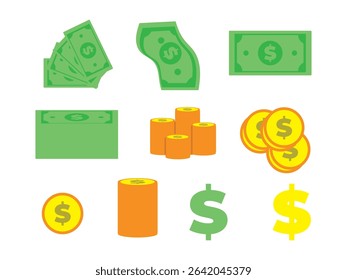Flat Money Icon Set – Dollar Bills and Coins in Various Styles
