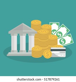 Flat money making background. Business, bank. Wealth and finance. Coins.
