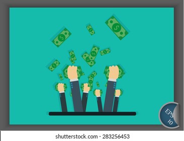 Flat money rain. People catching and collects the money. Vector illustration