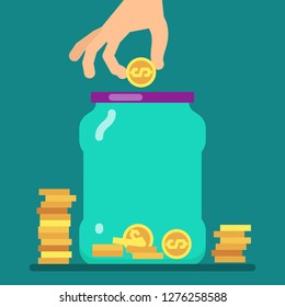 Flat money saving concept with golden coins and jar vector illustration