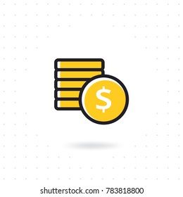 Flat money vector icon. Flat line money icon. Payment illustration. Coins and dollar cent sign isolated on white background. Business concept vector illustration. Colored flat line vector illustration