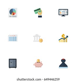 Flat Moneybox, Pie Bar, Net Income And Other Vector Elements. Set Of Accounting Flat Symbols Also Includes Accounting, Mark, Software Objects.