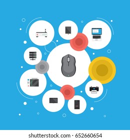 Flat Monitor, Palmtop, System Unit And Other Vector Elements. Set Of Computer Flat Symbols Also Includes Printing, Screen, Keyboard Objects.
