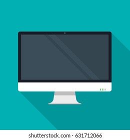 Flat monitor or personal computer icon with shadow. Vector illustration.