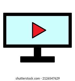 Flat monitor with play button. Internet technology. Video player template. Play online. Vector illustration. stock image.