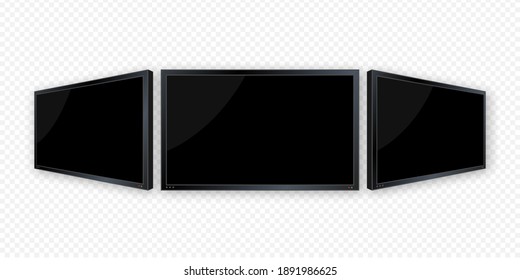 Flat monitor wall. Perspective vector. Vector icon. Media technology. Blank screen isolated. Black frame.