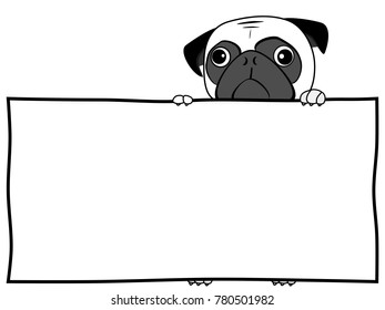flat monochrome cartoon style of Pug dog holds a white paper 
