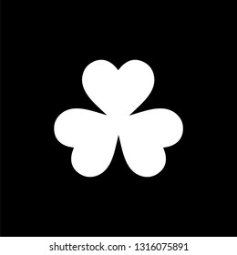 Flat monochrome clover leaf symbol for web sites and apps. Minimal simple black and white clover leaf symbol. Isolated vector white clover leaf symbol on black background.