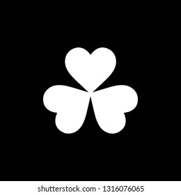 Flat monochrome clover leaf symbol for web sites and apps. Minimal simple black and white clover leaf symbol. Isolated vector white clover leaf symbol on black background.