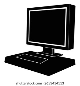 Flat monochrome computer with a desk and keyboard, rendered in a stark black and white style, offers a minimalist aesthetic suitable for various backgrounds.
