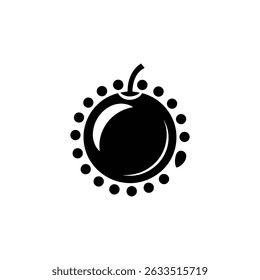 Flat monochrome drawing of a round fruit shape with a stem, encircled by small dots isolated on a transparent background. Ideal for various designs.