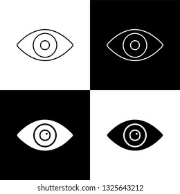 Flat monochrome eye icon set for web sites and apps. Minimal simple black and white eye icon set. Isolated vector eye icon set for various projects.