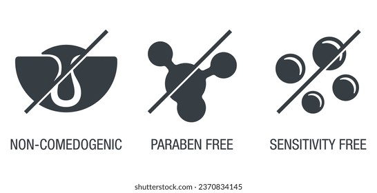 Flat monochrome icons set for skincare products - Sensitivity free, Paraben-free, Non-comedogenic