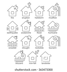 Iconos planos monocromáticos de distintos tipos de desastres naturales. Ilustración vectorial aislada.