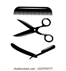Flat, monochrome, isolated image of hairdressing tools - scissors, comb and dangerous razor. Tools for barkershops.