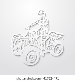 Flat monochrome poster with ATV silhouette, and hand drawn style font. Paper 3d style vector Illustration.