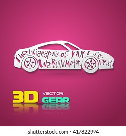 Flat monochrome poster with a car silhouette, and hand drawn style font. Paper 3d style vector Illustration.
