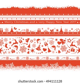 Flat monochrome seamless borders with Christmas ornaments, stars, snowflakes, stockings, ribbons, bells, Santa's hat as useful design elements.