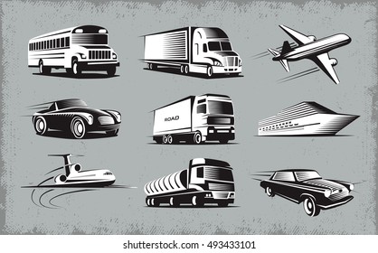 Flat monochrome set with images of different types of vehicles isolated on a grunge background vector illustration